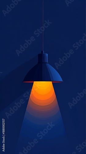 Stylish Minimalist Hanging Lamp with Warm Gradient Light Beam on Dark Blue Background