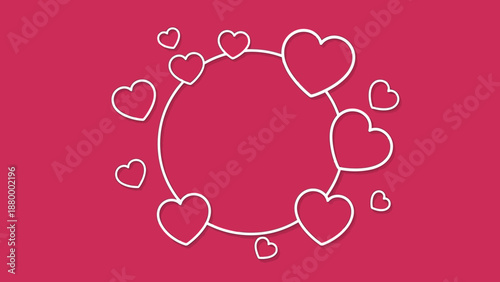 Circular floral design with interconnected hearts on vibrant pink background