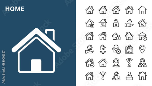 House Icon Collection on Blue and White Background, Home Symbols and Illustrations, Residential Concept, Vector Graphics, originally create concept related