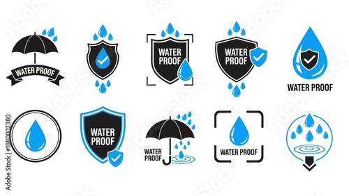 Collection of waterproof icons featuring umbrellas, shields, and water droplets in various designs and views