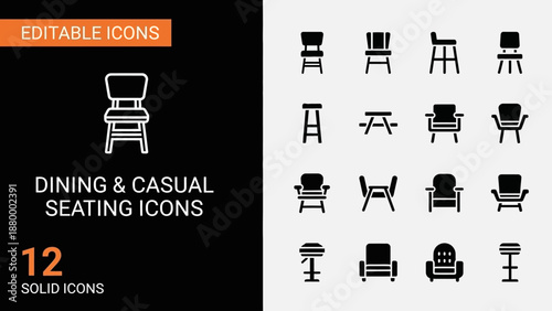 Collection of dining and casual seating icons, including chairs and tables, in various styles and views