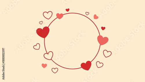 Whimsical Heart Circle Frame Filled with Various Love Hearts in Soft Reds and