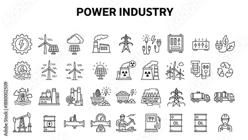 Collection of simple line icons representing various aspects of the power industry including energy production and infrastructure