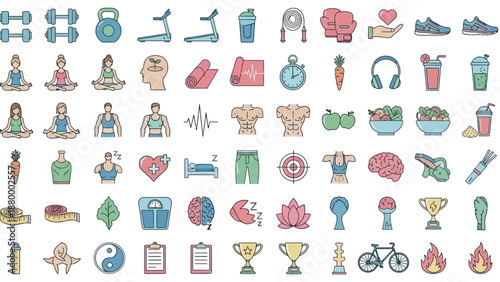 Collection of various fitness and wellness icons, including exercise equipment, healthy lifestyle elements, and sports symbols, in a grid layout, vector illustrations, digital graphics