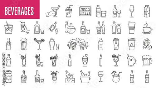 Collection of Beverage Icons Featuring Drinks and Bar Essentials in Various Line Art Styles