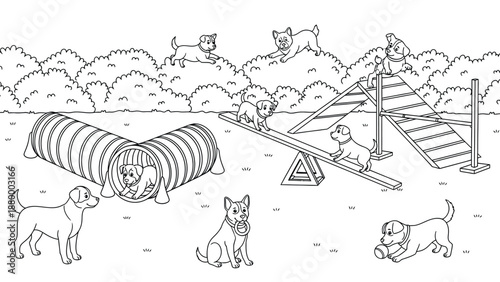 Happy Dogs At Outdoor Agility Park With Tunnel, Ramp, And Playful Puppies