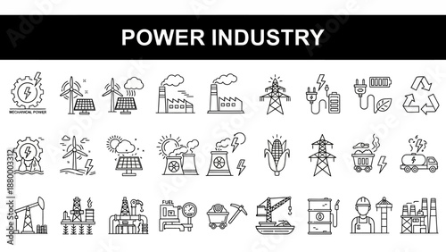 Collection of line icons representing power industry elements and infrastructure in a grid layout