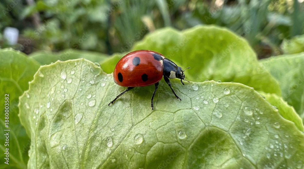 Obraz premium Ladybug sitting on a green lettuce leaf with water droplets in garden 