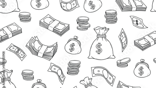Financial Money Icons Scene With Cash Bundles, Bags, and Stacks of Coins in Black and White