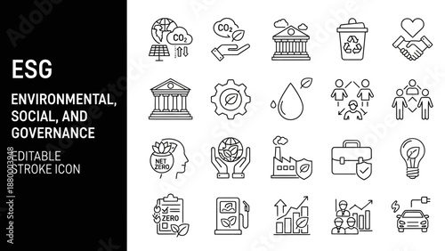 Collection of Editable Stroke Icons Representing Environmental, Social, and Governance Concepts Illustrated in a Grid Layout