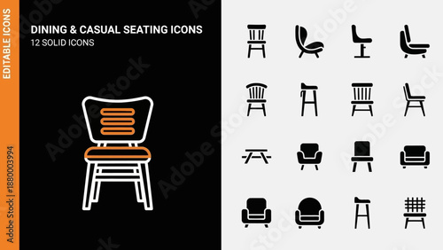 Collection of modern dining and casual seating icons displayed in various styles and designs