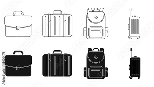 Collection of various luggage and travel bags illustrated in different styles and formats on a plain background