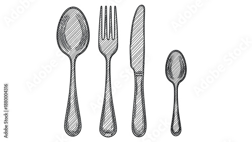 Hand-Drawn Set Of Utensils: Spoon, Fork, Knife, And Small Spoon In Sketch Style