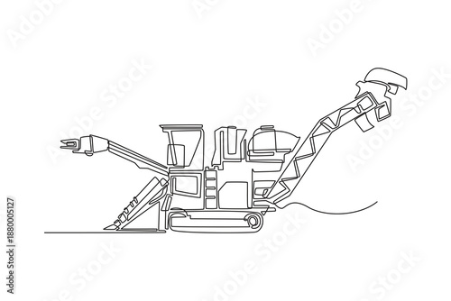 Continuous one line drawing high-tech agricultural machine with multiple articulating part. Advanced engineering used in field maintenance, harvest. Single line draw design vector graphic illustration
