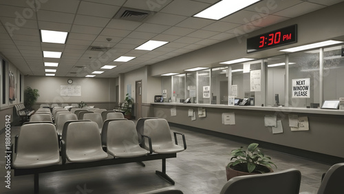 Empty waiting room in a government office or clinic. Rows of vacant chairs in a sterile institutional interior. Bureaucracy and public service concept