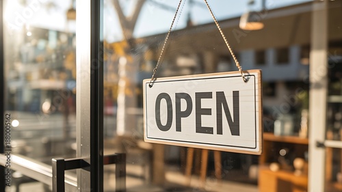Open sign hanging on glass door of modern shop storefront in daylight
