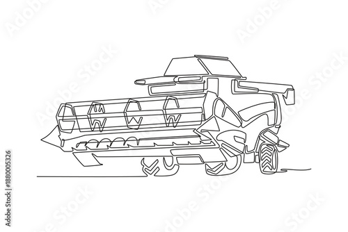 Single continuous line drawing combine harvester, industrial farming. Complex grain tank, agricultural efficiency and large-scale harvesting operation. One line draw graphic design vector illustration