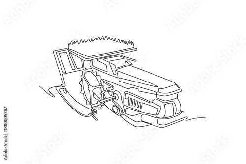 Single continuous line drawing professional industrial agricultural truck, featuring heavy duty harvester machine for modern farming, crop production. One line draw graphic design vector illustration