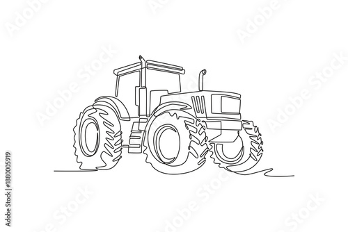 Single one line drawing large four-wheel drive agricultural tractor with massive tires and high-clearance cabin. Professional machinery profile. Continuous line draw design graphic vector illustration