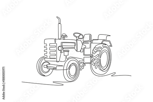 Single one line drawing classic style farm tractor without a cabin. Iconic silhouette of rural machinery and rugged agricultural wheels. Modern continuous line draw design graphic vector illustration
