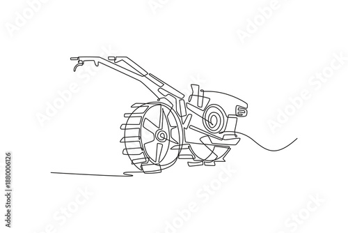 Single one line drawing compact manual power tiller or soil cultivator, highlighting its engine component and front-facing treaded wheel. Modern continuous line draw design graphic vector illustration