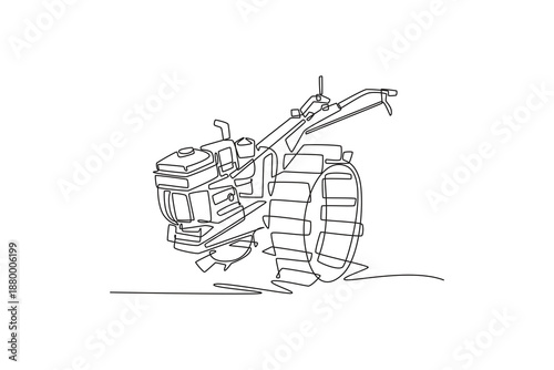 Single one line drawing a heavy-duty two-wheel tractor or power tiller. Powerful engine and mechanical frame for industrial agriculture. Modern continuous line draw design graphic vector illustration