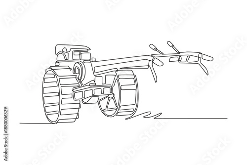 Single one line drawing walk-behind power tiller or two-wheel tractor. Mechanical frame and large treaded wheels for farming, gardening. Modern continuous line draw design graphic vector illustration