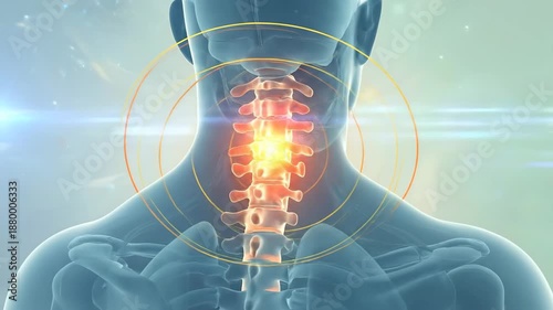 Cervical spine pain and inflammation highlighted in a medical visualization with radiating pain signals