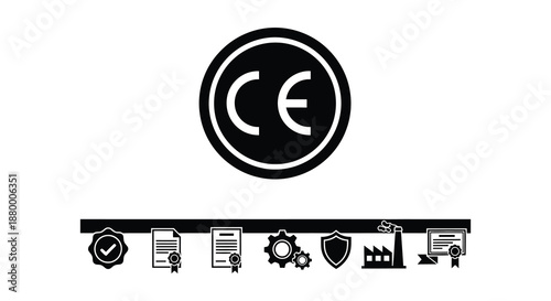 A striking depiction of the ce marking symbol and various icons presented in a dark minimalist silhouette high quality professional detailed