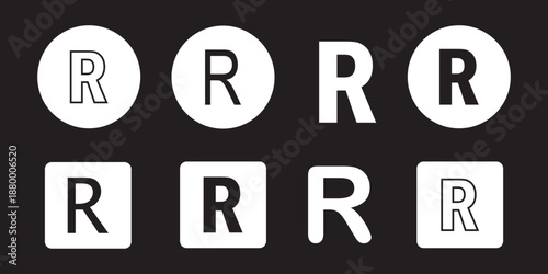 Registered trademark symbols in black and white with variations of the letter r inside circles .Trademark and registered symbol vector icons set, black circle  R logo design illustration, intellectual