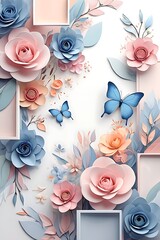 Vintage floral background featuring a pink roses frame and butterflies with a nature pattern design for a wedding greeting card illustration