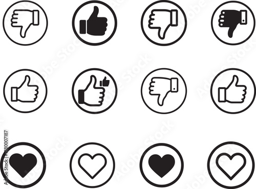   Love like and dislike circle line icon set with heart and thumbs up down symbols for web and apps.  