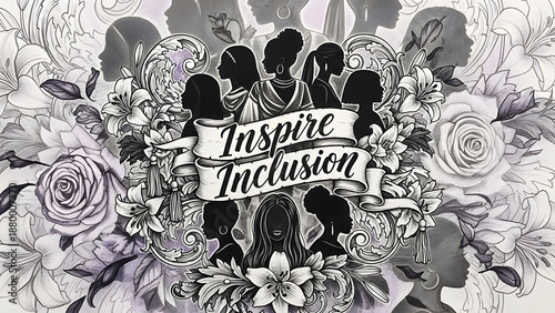 An empowering design for March 8th focusing on diversity and inclusion, using the official purple theme with modern artistic flair.