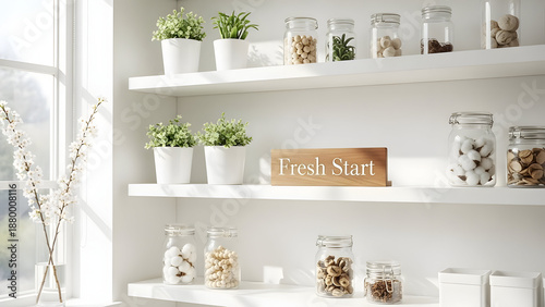 A serene and minimalist spring cleaning design for March, highlighting organization and a fresh home atmosphere loved by US homeowners.