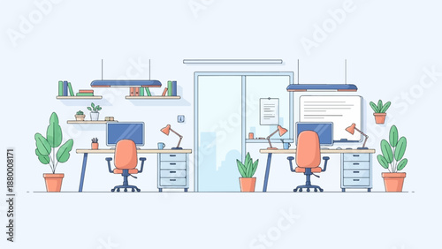 A clean, modern office interior with two organized workstations, plants, and shelves in a light illustration