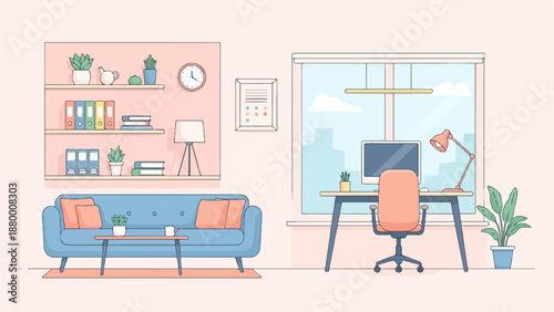 A cozy, modern home office and living room illustration with a city view from a large window