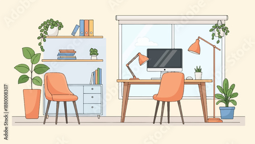 A cozy modern home office illustration with a computer desk, shelving, and houseplants by a window