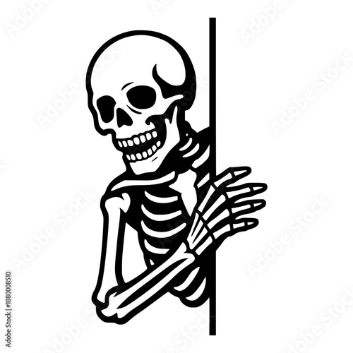 A playful skeleton peeking from behind a door with a cheerful grin on its face