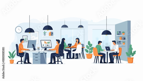 A flat vector illustration of people working collaboratively in a modern, open-plan office space