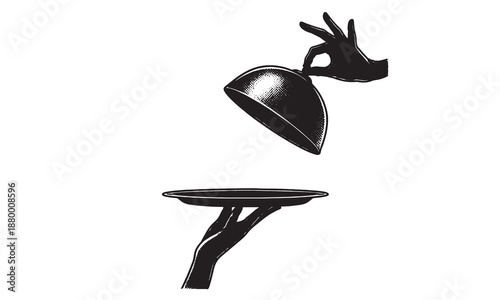 Waiter hands serving food silhouette: Restaurant cloche tray icon isolated
