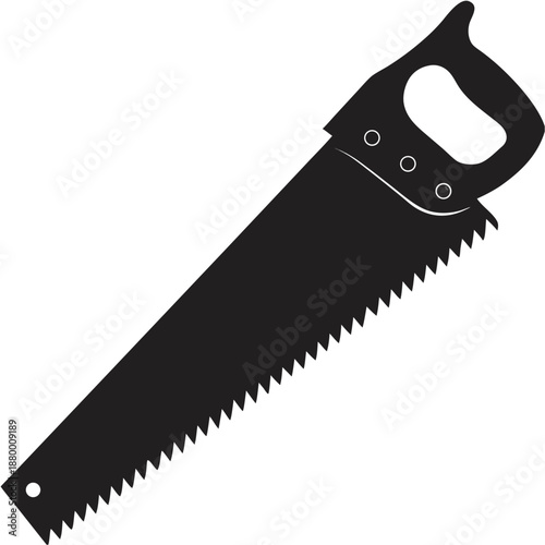 Hand Saw Silhouette with Angled Blade, Solid Black Carpentry Tool Icon for Woodworking Vector Illustration