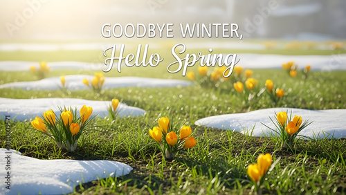 A refined spring welcome visual capturing nature’s renewal as crocuses bloom through melting snow under soft, golden sunlight.