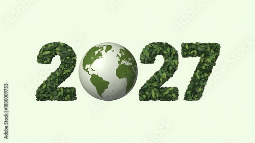 2027 made of green leaves with globe in center earth