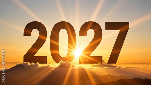 2027 with sunburst and mountain landscape