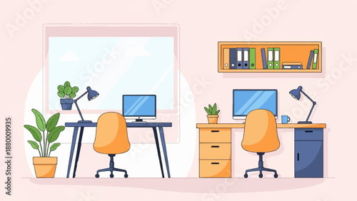 A modern flat illustration of two organized office workspaces with desks, computers, and plants