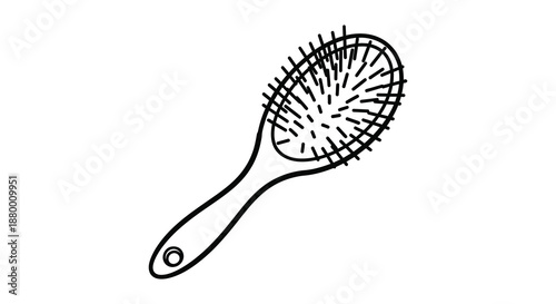 A simple black and white drawing depicts a hairbrush with a rounded head and long handle presented as a silhouette
