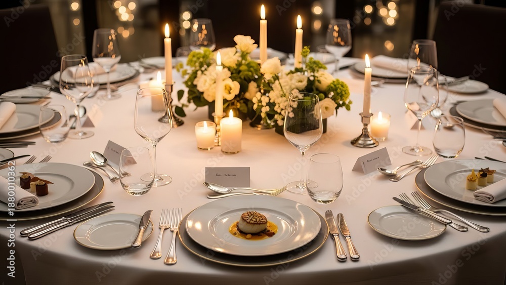 Fototapeta premium Elegant round banquet table setting with candles white roses fine china and gourmet appetizers