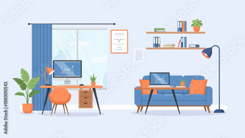 A modern home office illustration with a desk, computer, and a separate sofa workspace area