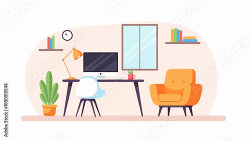 A modern home office illustration with a computer desk, armchair, and indoor plant in a flat style