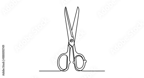 A minimalist continuous line drawing depicts a pair of open scissors isolated on a white background a striking silhouette high quality